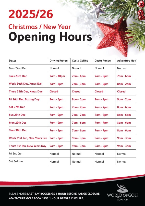 Christmas hours World of Golf London